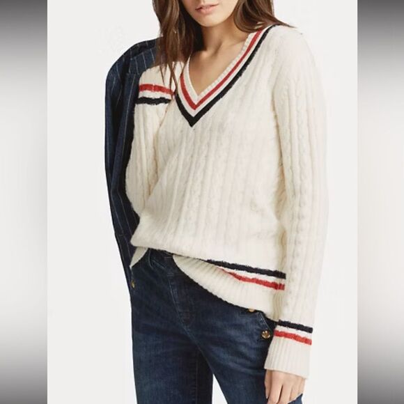 Ralph Lauren V Neck Tennis Sweater White Cricket Cable Knit Academia Size Large - Picture 1 of 5